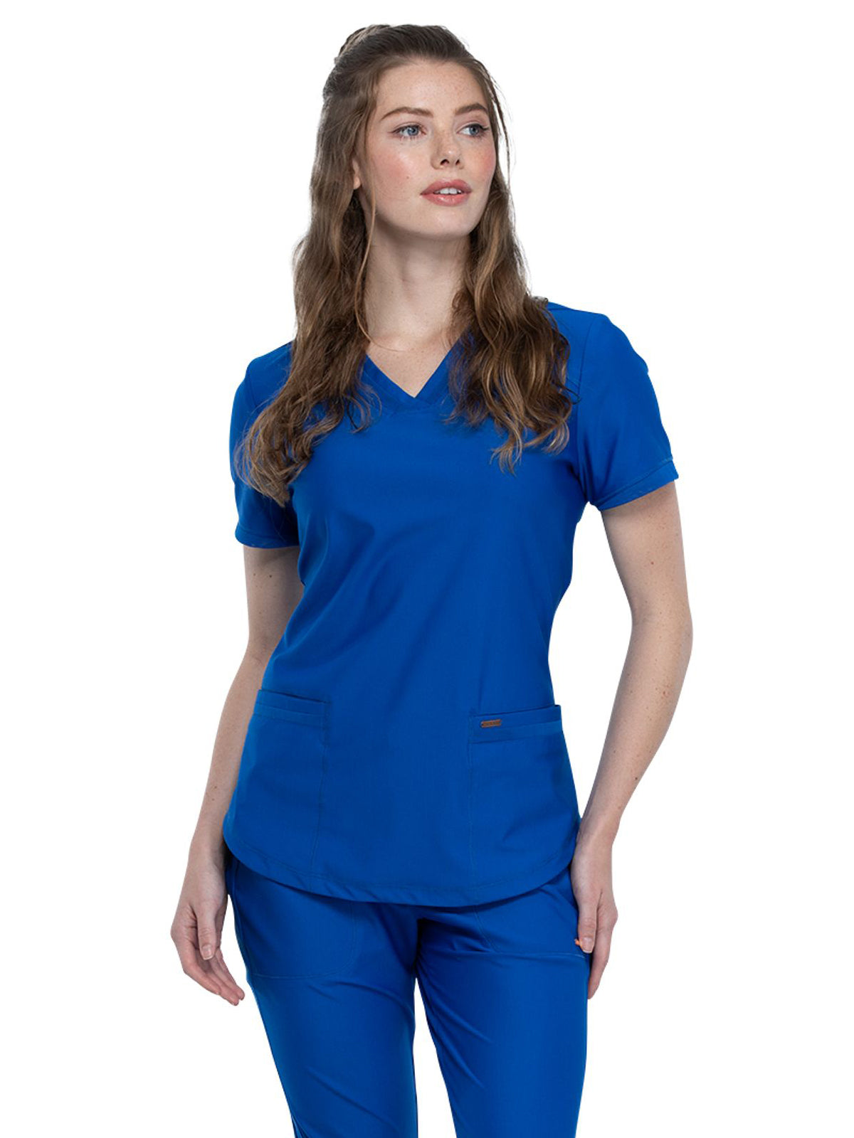 Women's 2-Pocket Curved Hemline V-Neck Top - CK840 - Royal
