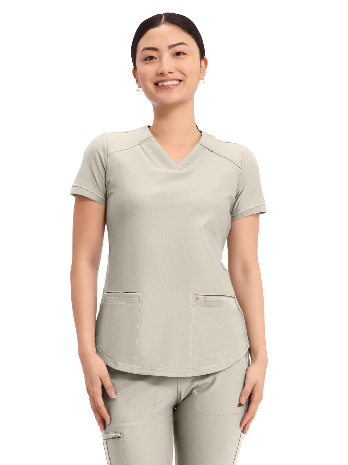 Women's 2-Pocket Curved Hemline V-Neck Top - CK840 - Summer Sand