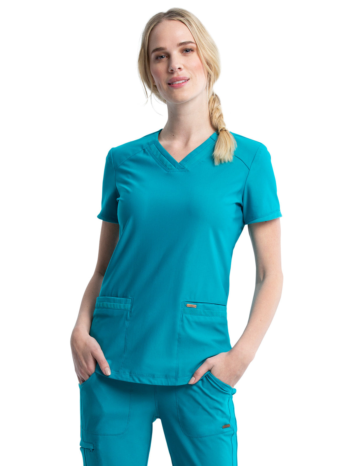 Women's 2-Pocket Curved Hemline V-Neck Top - CK840 - Teal Blue