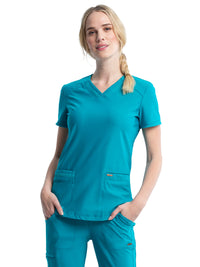 Women's 2-Pocket Curved Hemline V-Neck Top - CK840 - Teal Blue