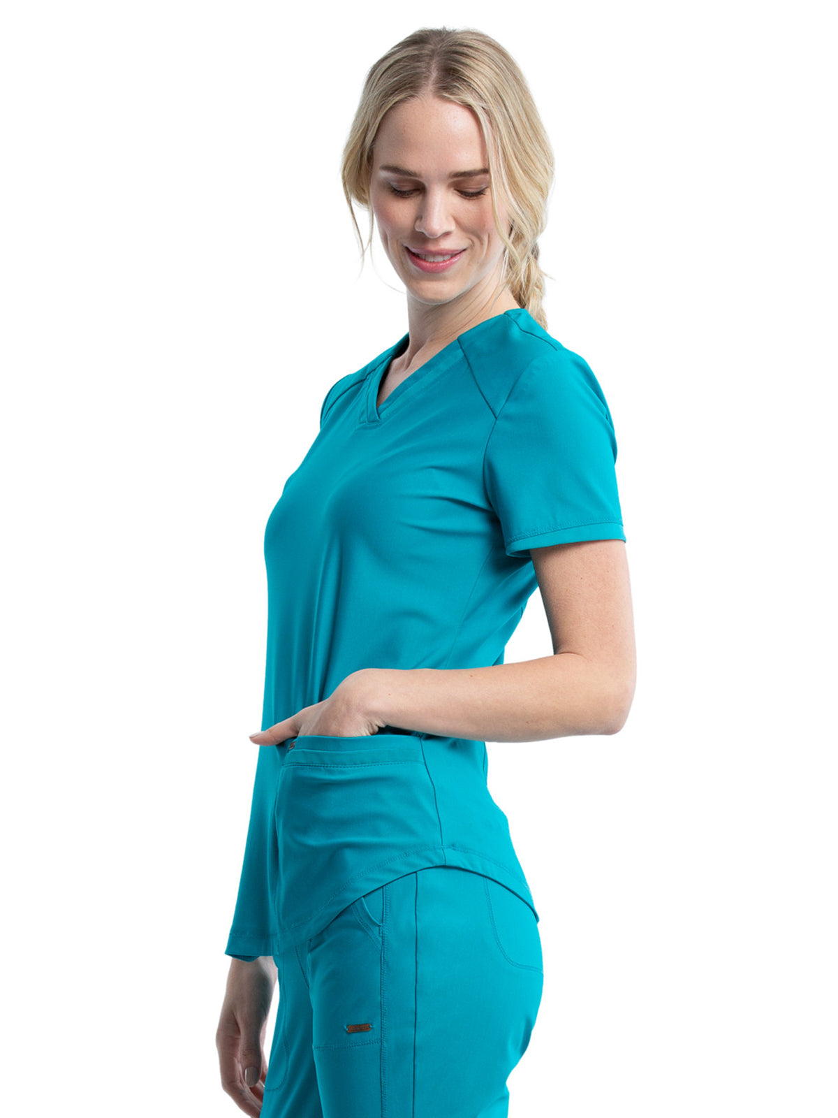 Women's Curved Hemline V-Neck Scrub Top - CK840 - Teal Blue