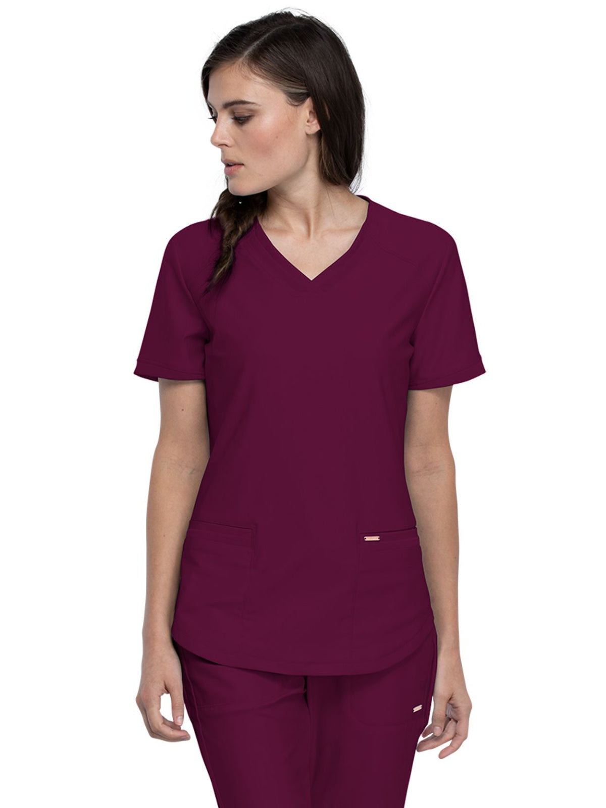 Women's 2-Pocket Curved Hemline V-Neck Top - CK840 - Wine