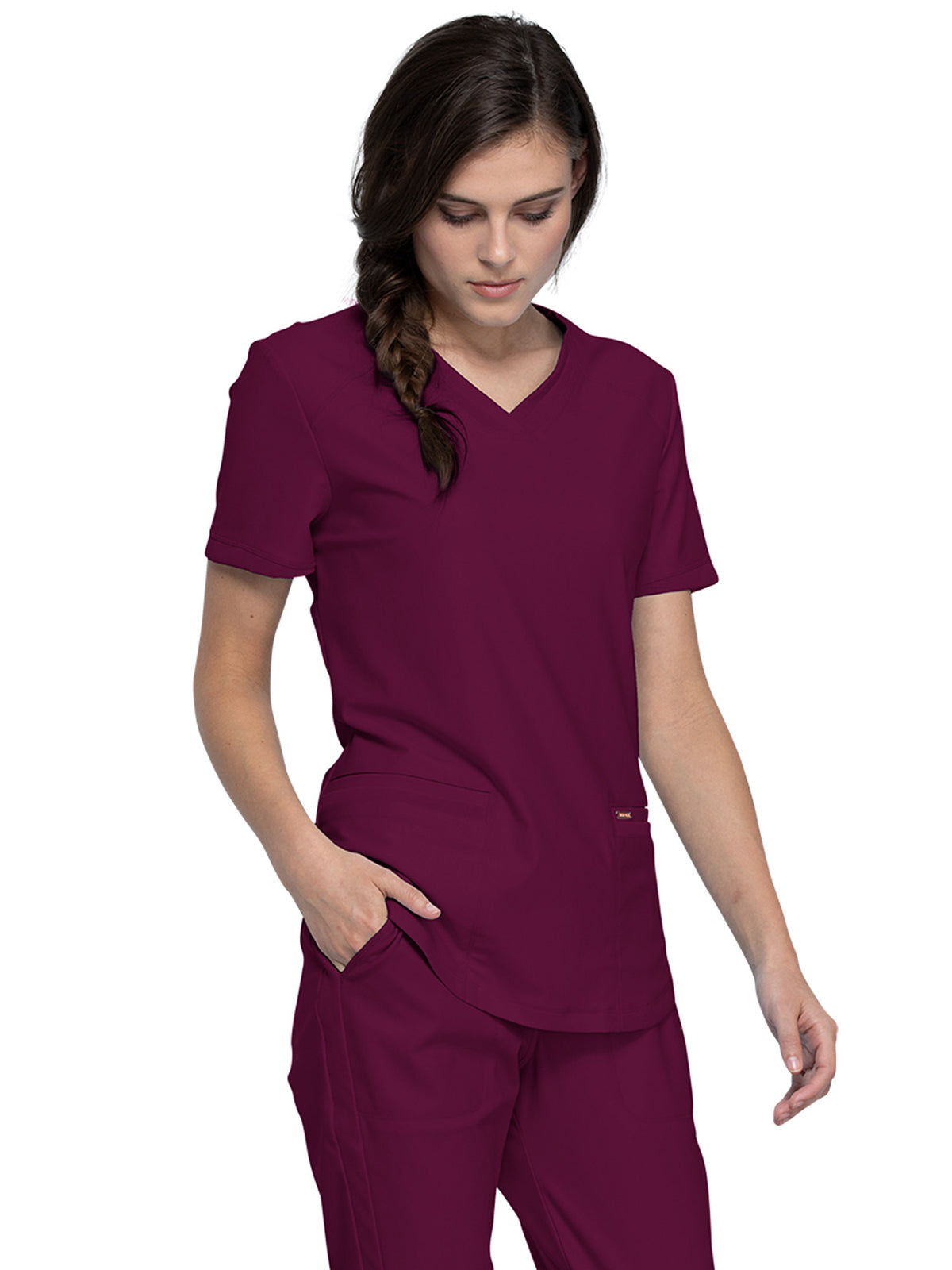 Women's Curved Hemline V-Neck Scrub Top - CK840 - Wine