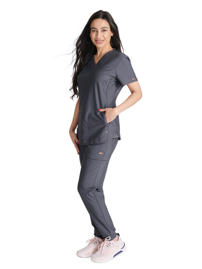 Women's 2-Pocket Contemporary V-Neck Scrub Top - CK843 - Pewter