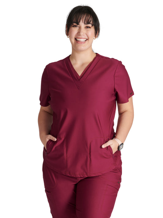 Women's 2-Pocket Contemporary V-Neck Scrub Top - CK843 - Wine