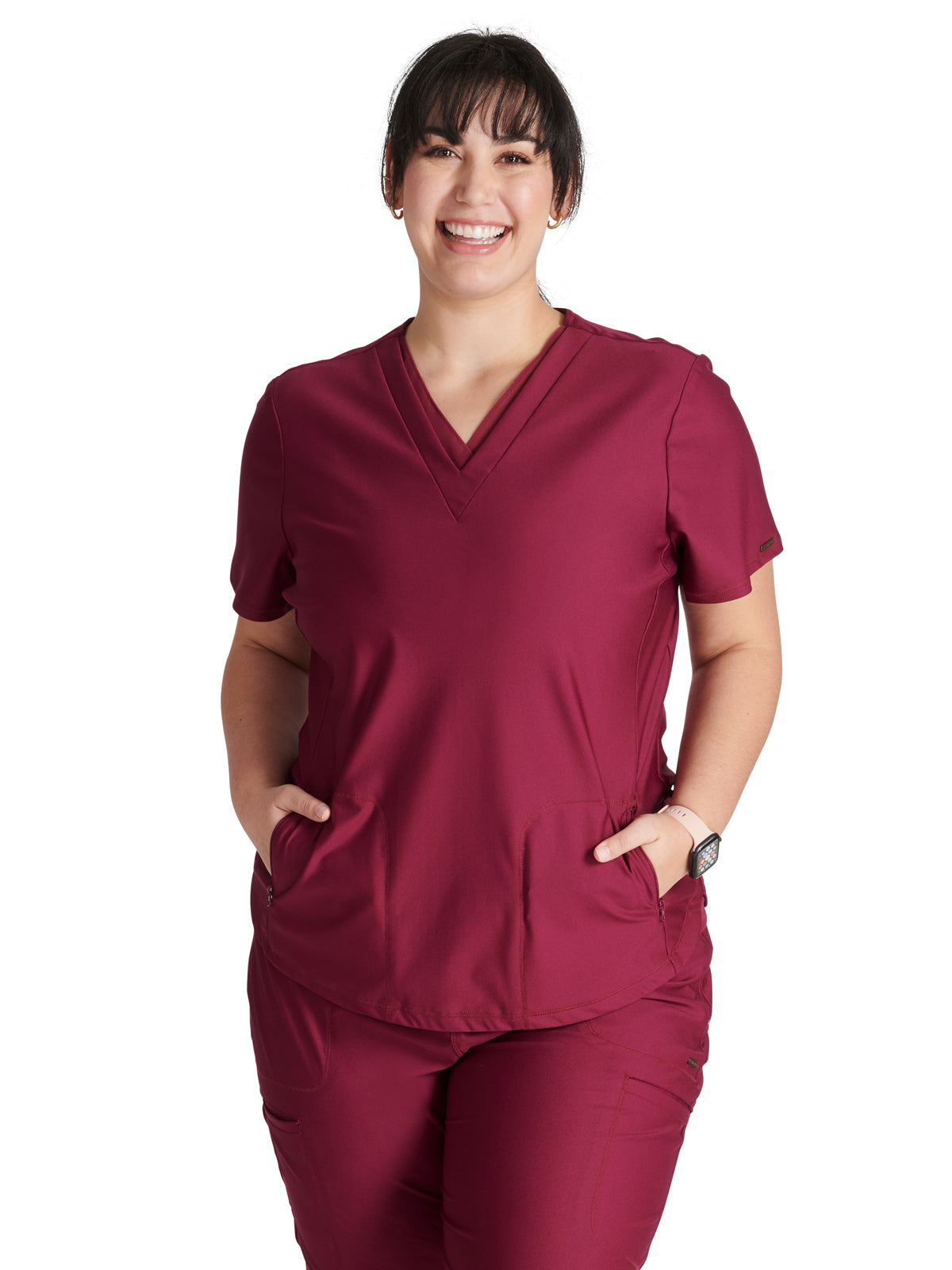 Women's 2-Pocket Contemporary V-Neck Top - CK843 - Wine