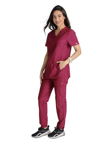 Women's 2-Pocket Contemporary V-Neck Scrub Top - CK843 - Wine