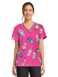 Women's 2-Pocket Print V-Neck Scrub Top - CK856 - Boba Party