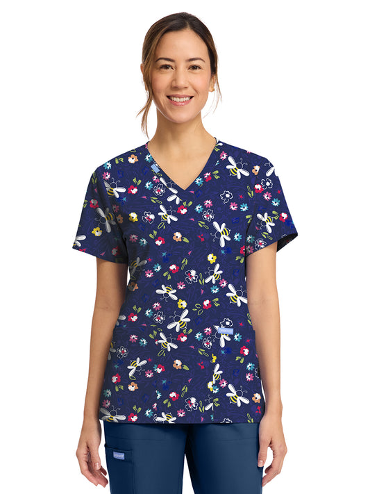Women's 2-Pocket Print V-Neck Scrub Top - CK856 - Bumble Bee Bloom