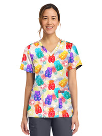 Women's 2-Pocket Print V-Neck Scrub Top - CK856 - Beary Rainbow