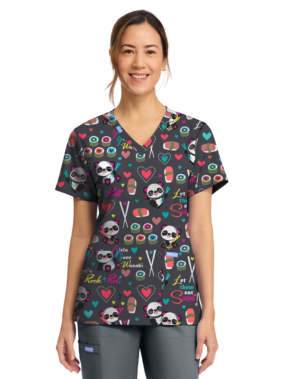 Women's 2-Pocket Print V-Neck Scrub Top - CK856 - Girls Gone Wasabi