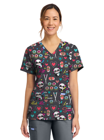 Women's 2-Pocket Print V-Neck Scrub Top - CK856 - Girls Gone Wasabi
