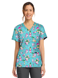 Women's 2-Pocket Print V-Neck Scrub Top - CK856 - Gnomes At Home