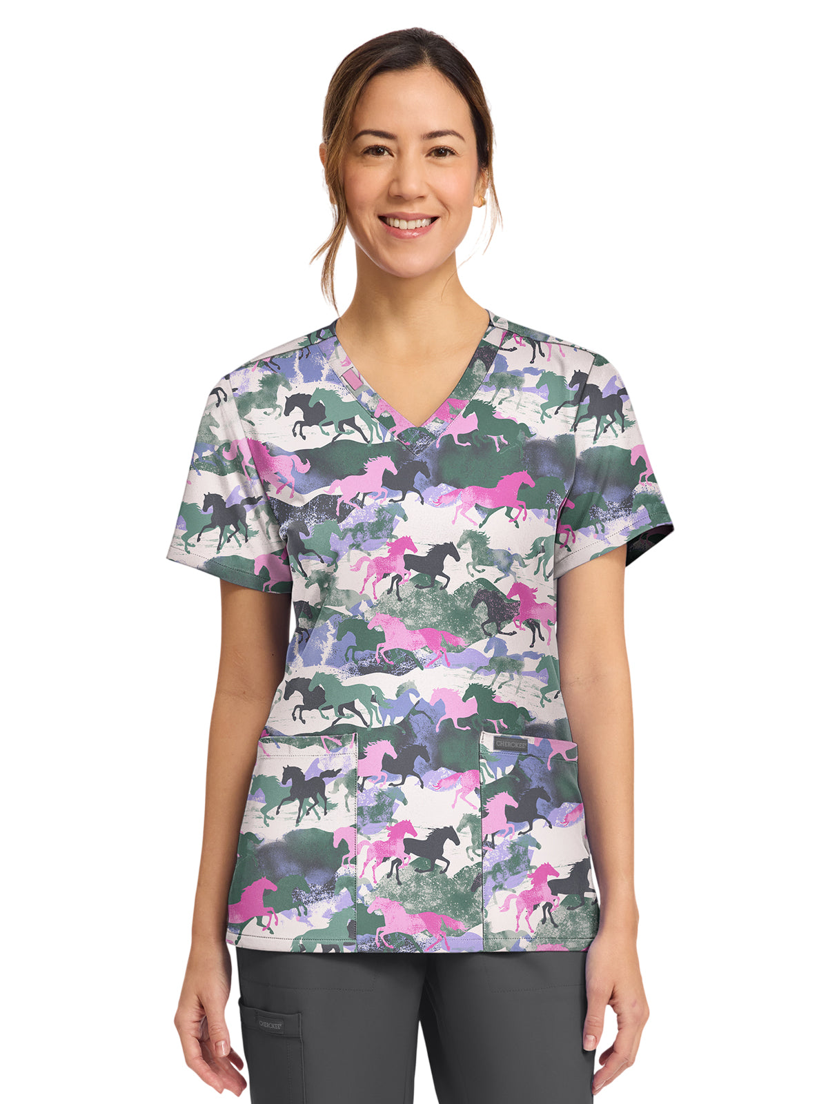Women's 2-Pocket Print V-Neck Scrub Top - CK856 - Horse Play