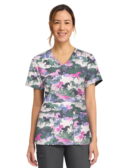 Women's 2-Pocket Print V-Neck Scrub Top - CK856 - Horse Play