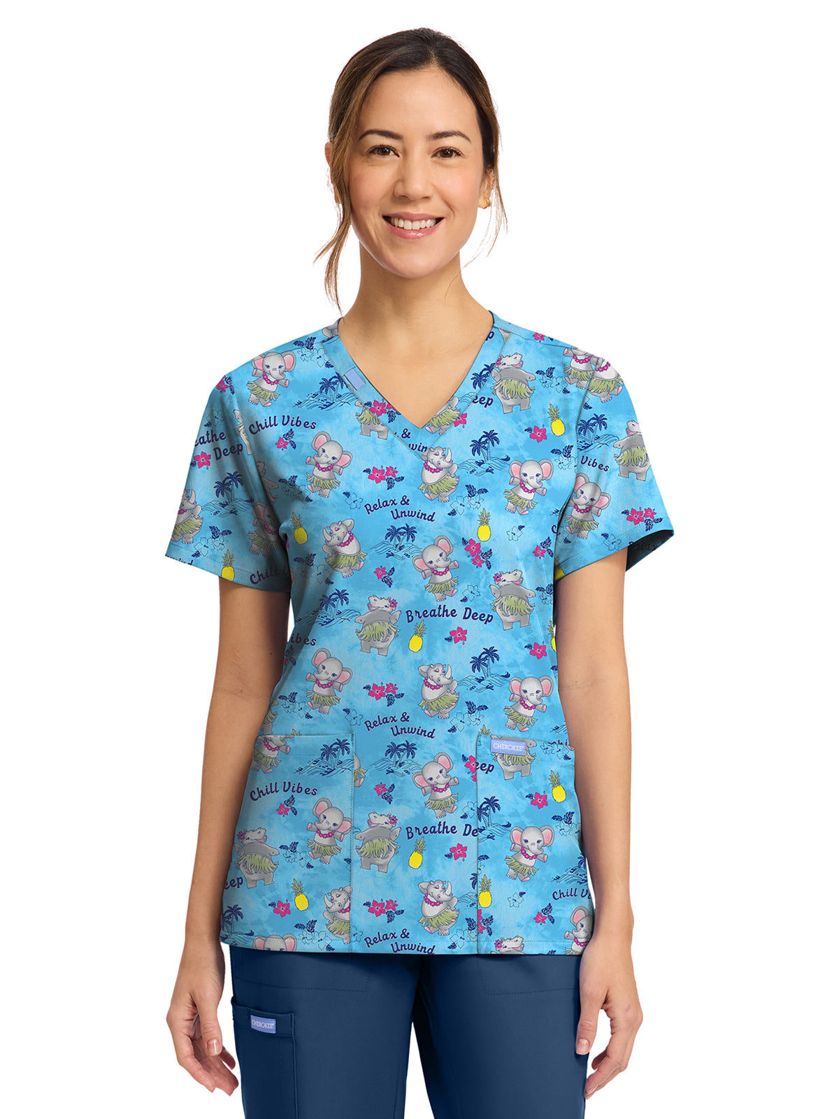 Women's 2-Pocket Print V-Neck Scrub Top - CK856 - Hula Party