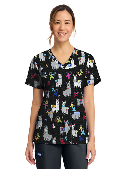 Women's 2-Pocket Print V-Neck Scrub Top - CK856 - Llama Be Aware