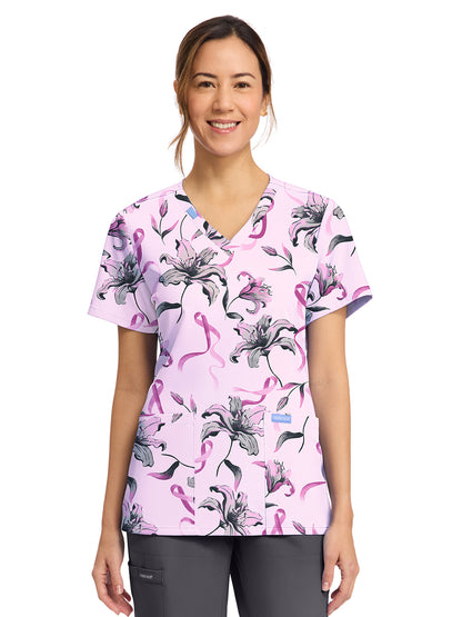 Women's 2-Pocket Print V-Neck Scrub Top - CK856 - Loving Lilies