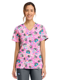 Women's 2-Pocket Print V-Neck Scrub Top - CK856 - Nurse Sloth