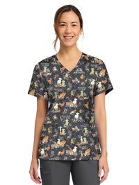 Women's 2-Pocket Print V-Neck Scrub Top - CK856 - Grateful For Dog