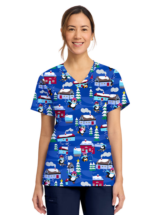 Women's 2-Pocket Print V-Neck Scrub Top - CK856 - Penguins Playing