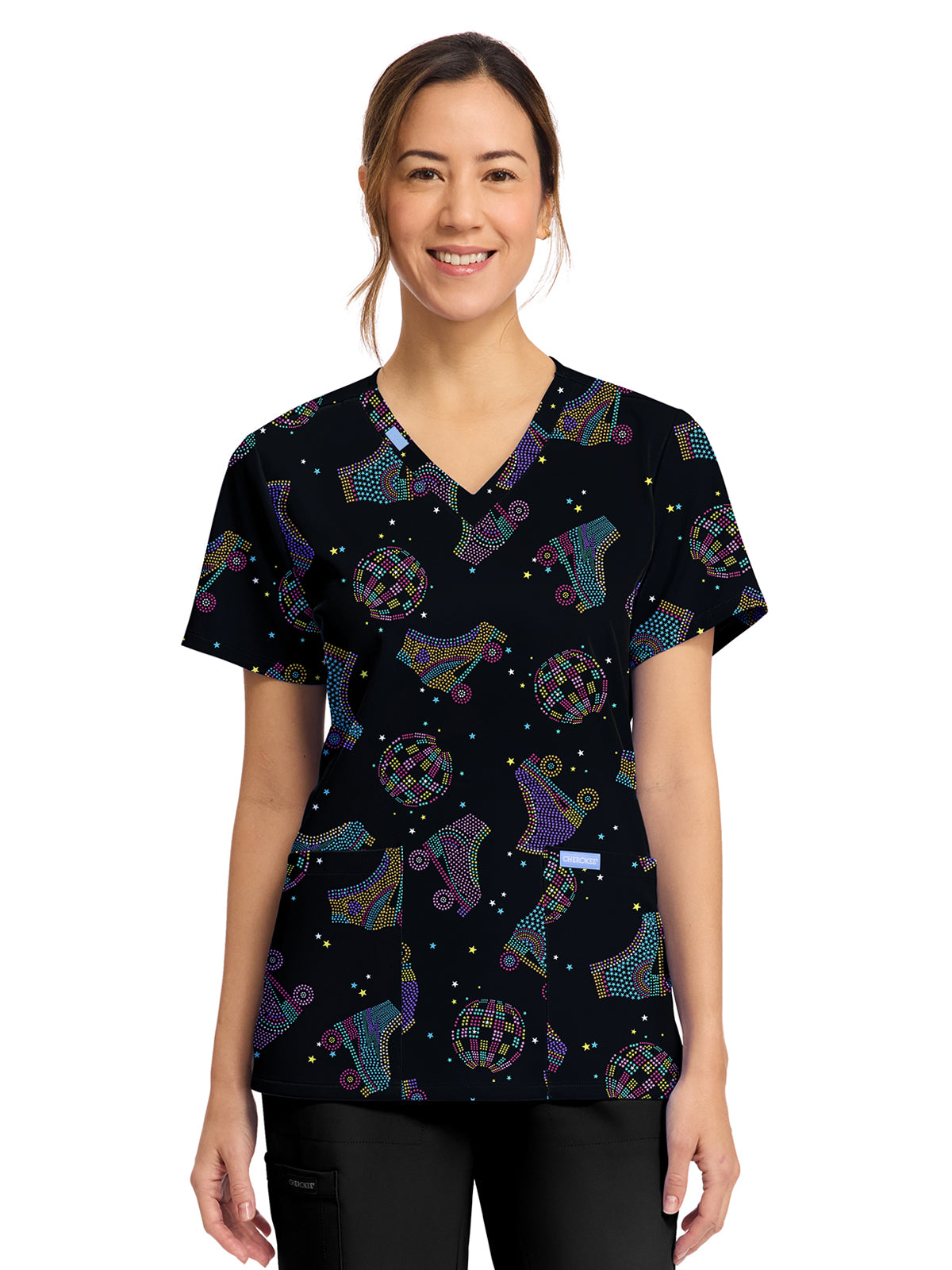 Women's 2-Pocket Print V-Neck Scrub Top - CK856 - Roller Disco