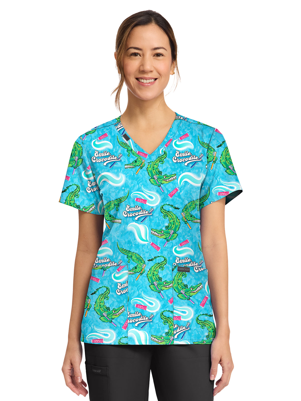 Women's 2-Pocket Print V-Neck Scrub Top - CK856 - Smile Crocodile
