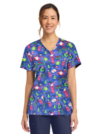 Women's 2-Pocket Print V-Neck Scrub Top - CK856 - Santa Claws