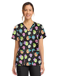 Women's 2-Pocket Print V-Neck Scrub Top - CK856 - Sweety Skull
