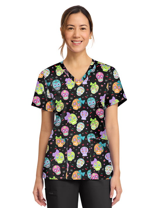 Women's 2-Pocket Print V-Neck Scrub Top - CK856 - Sweety Skull