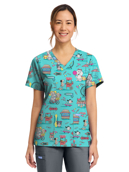 Women's 2-Pocket Print V-Neck Scrub Top - CK856 - Vintage Boardwalk