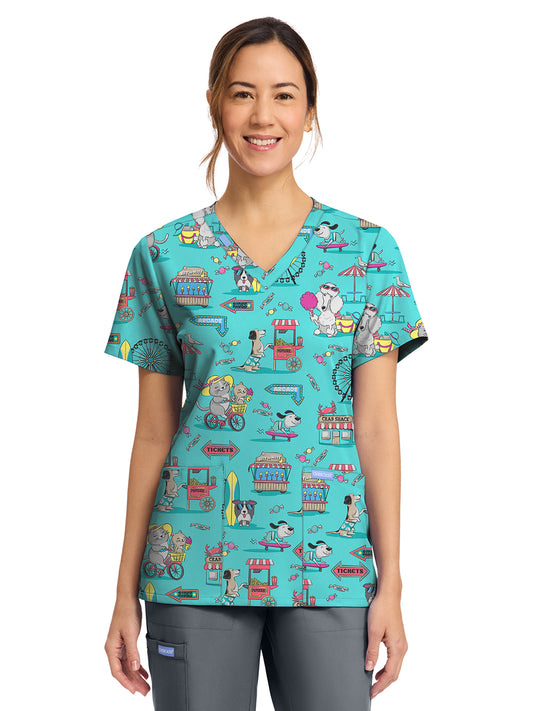 Women's 2-Pocket Print V-Neck Scrub Top - CK856 - Vintage Boardwalk