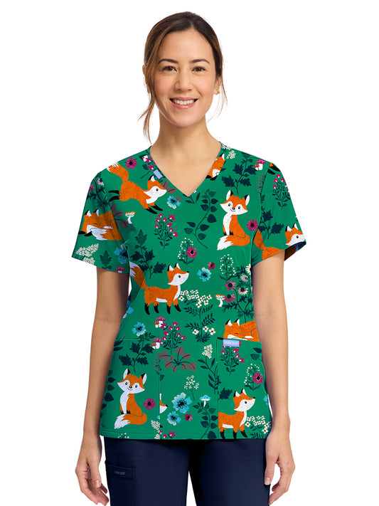 Women's 2-Pocket Print V-Neck Scrub Top - CK856 - Wild Fox