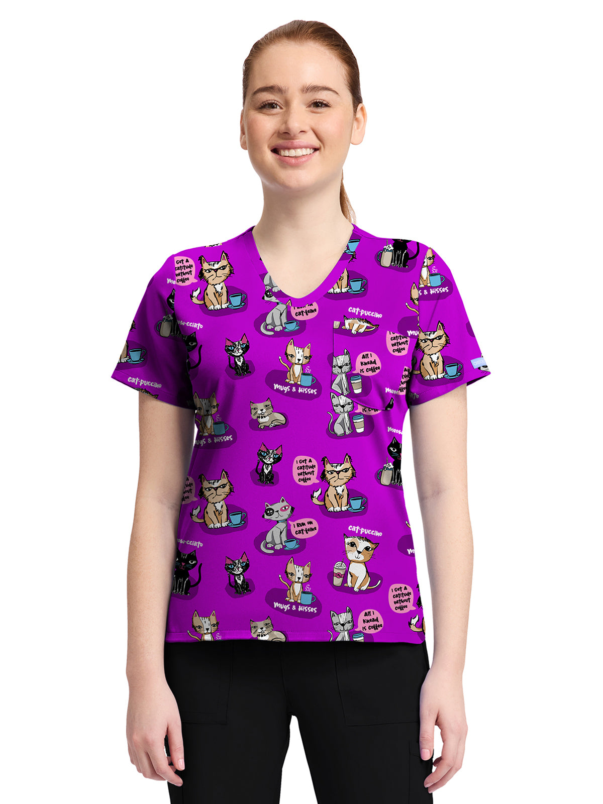 Women's 1-Pocket Print High-Low V-Neck Scrub Top - CK857 - Coffee Talk