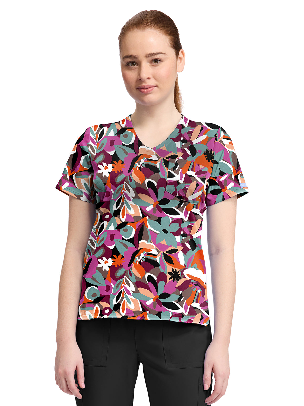 Women's 1-Pocket Print High-Low V-Neck Scrub Top - CK857 - Cut Flowers