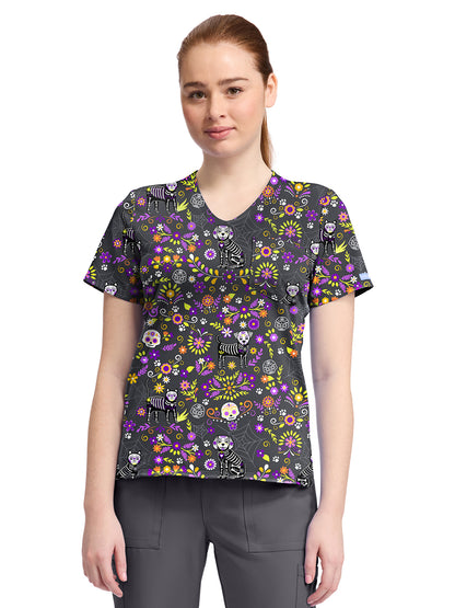 Women's 1-Pocket Print High-Low V-Neck Scrub Top - CK857 - Day Of The Pets
