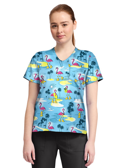 Women's 1-Pocket Print High-Low V-Neck Scrub Top - CK857 - Flamazing Skaters