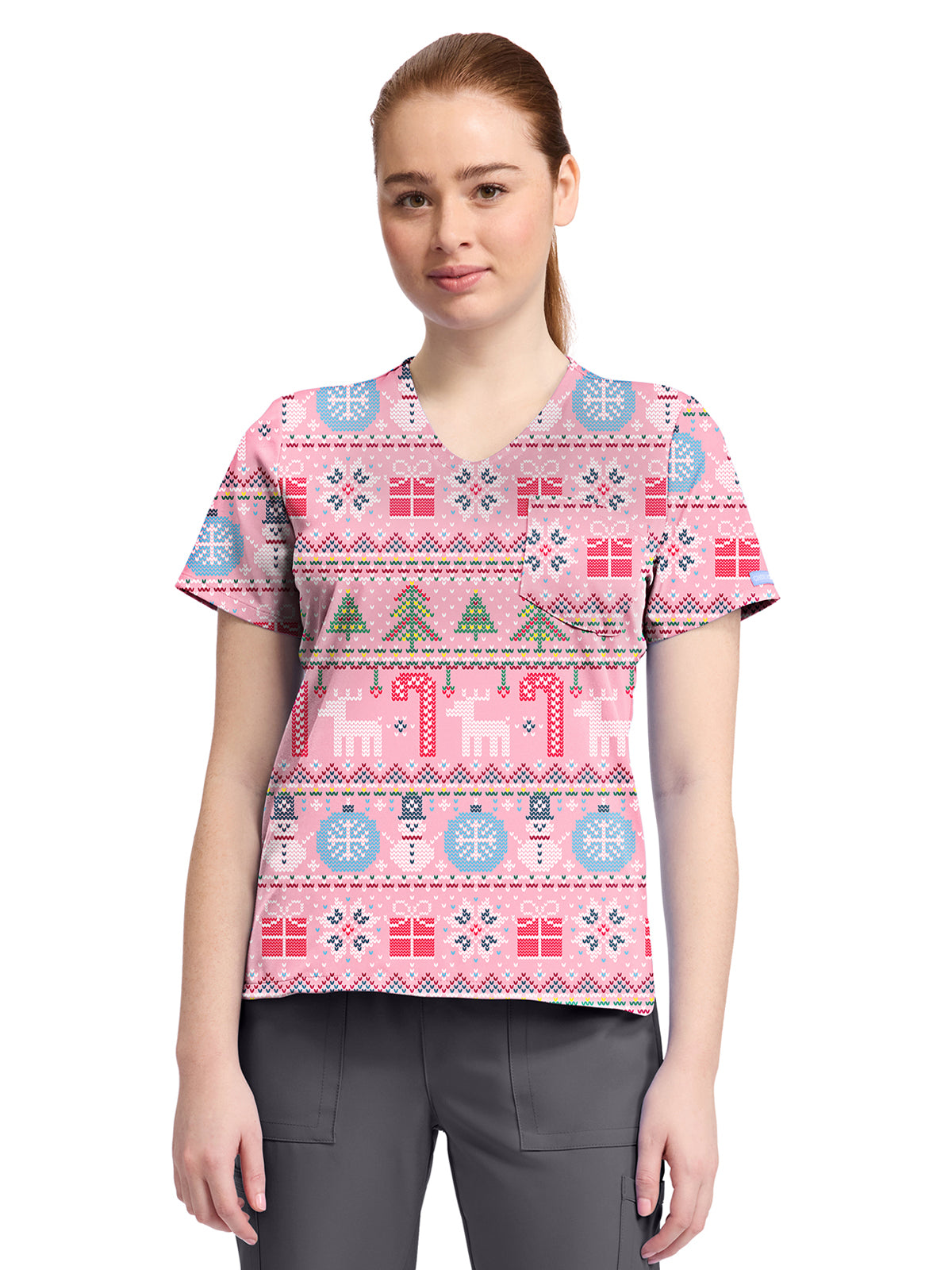 Women's 1-Pocket Print High-Low V-Neck Scrub Top - CK857 - Festive Fair Isle