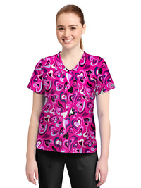Women's 1-Pocket Print High-Low V-Neck Scrub Top - CK857 - Pretty Hearts