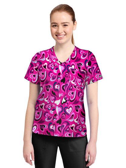 Women's 1-Pocket Print High-Low V-Neck Scrub Top - CK857 - Pretty Hearts