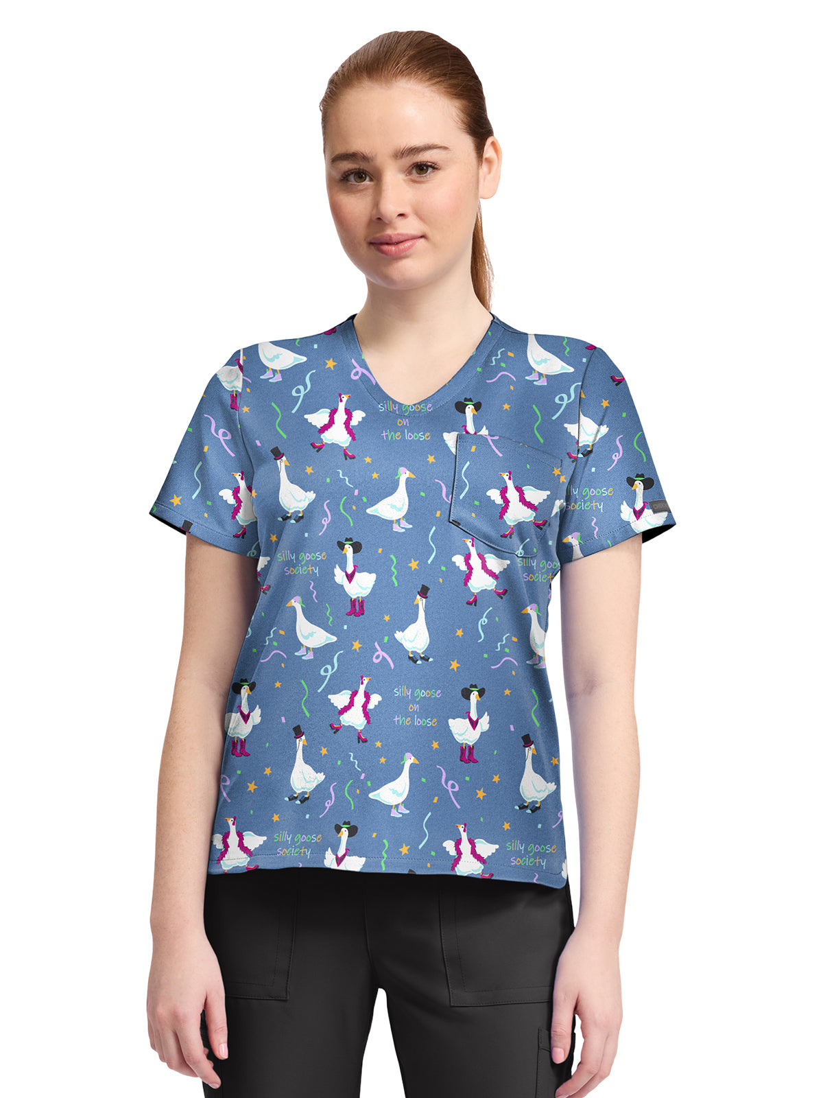 Women's 1-Pocket Print High-Low V-Neck Scrub Top - CK857 - Silly Goose