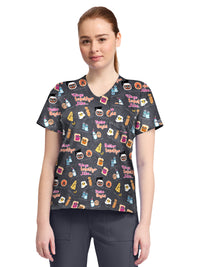 Women's 1-Pocket Print High-Low V-Neck Scrub Top - CK857 - Taste Buds