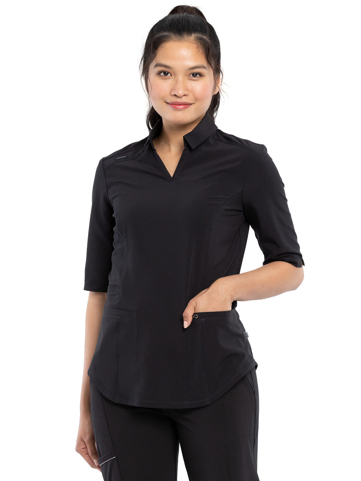 Women's Elbow Length Sleeved 3 Pocket Polo Shirt - CK872A - Black