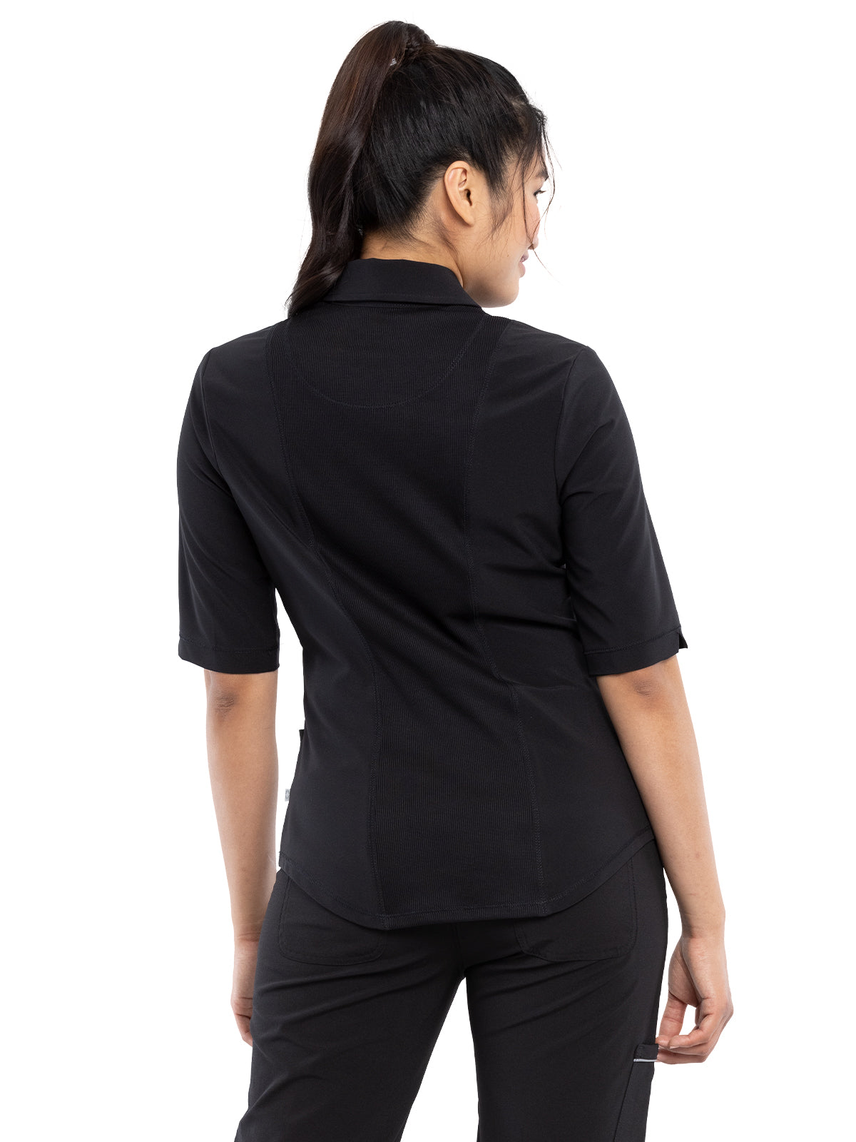 Women's Elbow Length Sleeved 3 Pocket Polo Shirt - CK872A - Black