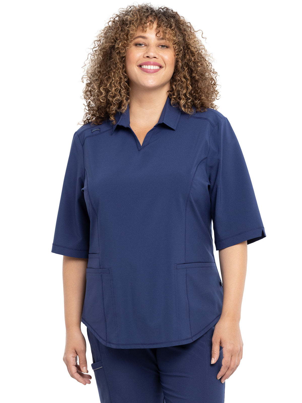 Women's Elbow Length Sleeved 3 Pocket Polo Shirt - CK872A - Navy