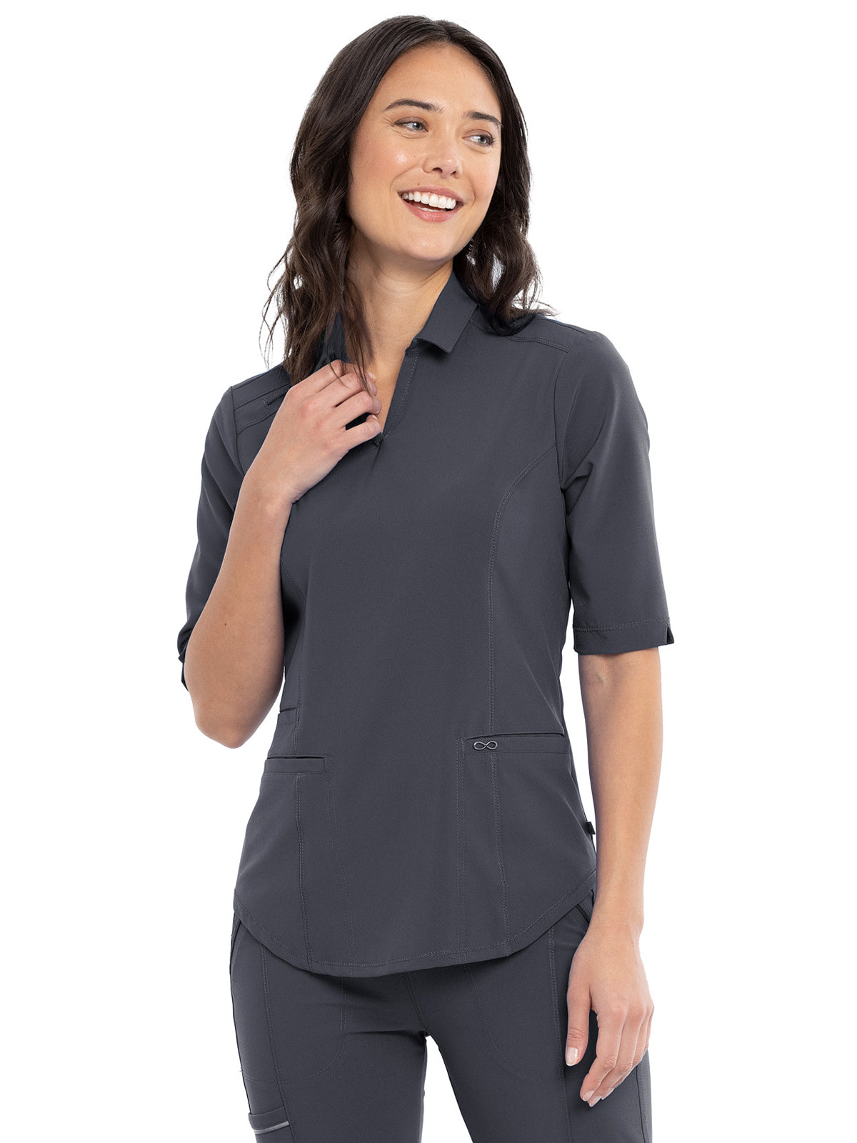 Women's Elbow Length Sleeved 3 Pocket Polo Shirt - CK872A - Pewter