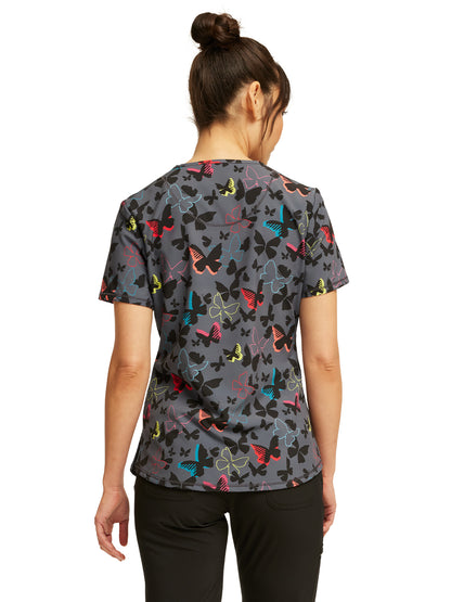 Women's 3-Pocket Round Neck Print Top - CK880 - Brilliant Butterflies