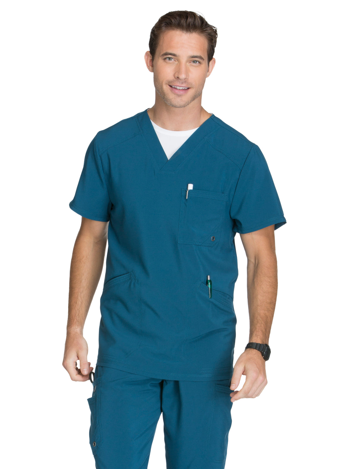 Men's Three-Pocket V-Neck Scrub Top - CK900A - Caribbean Blue