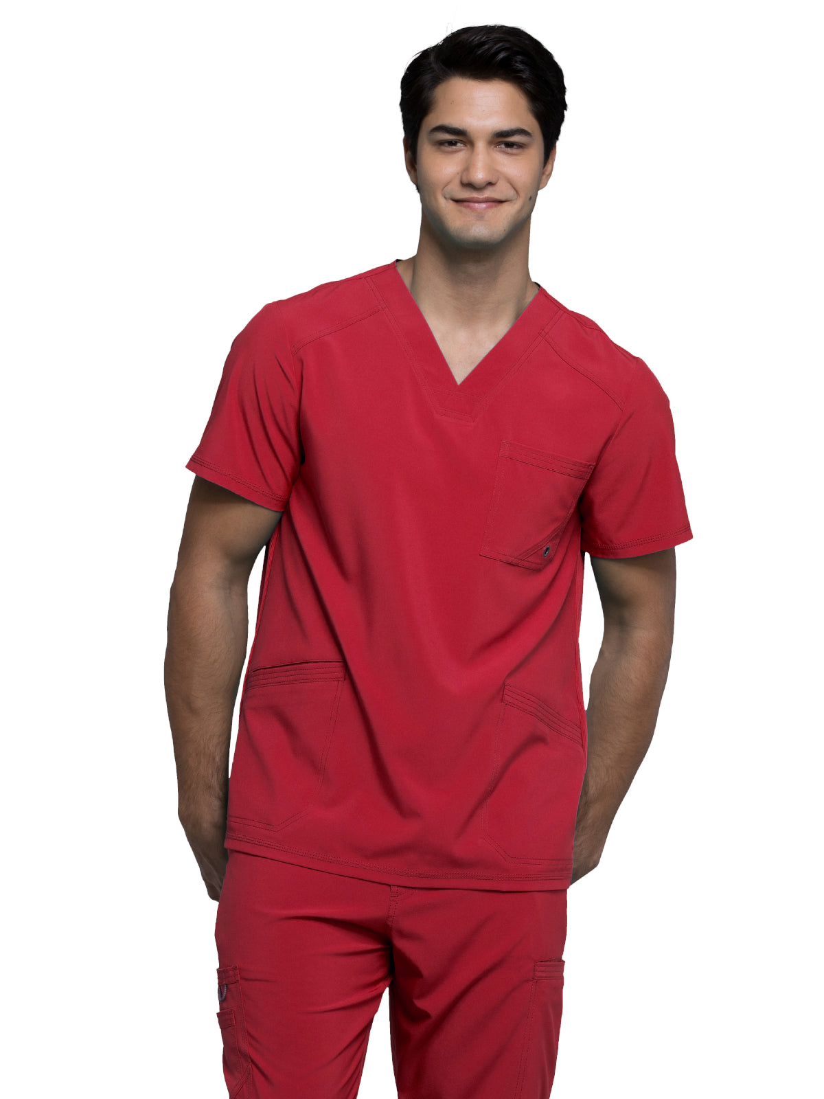 Men's Three-Pocket V-Neck Scrub Top - CK900A - Red