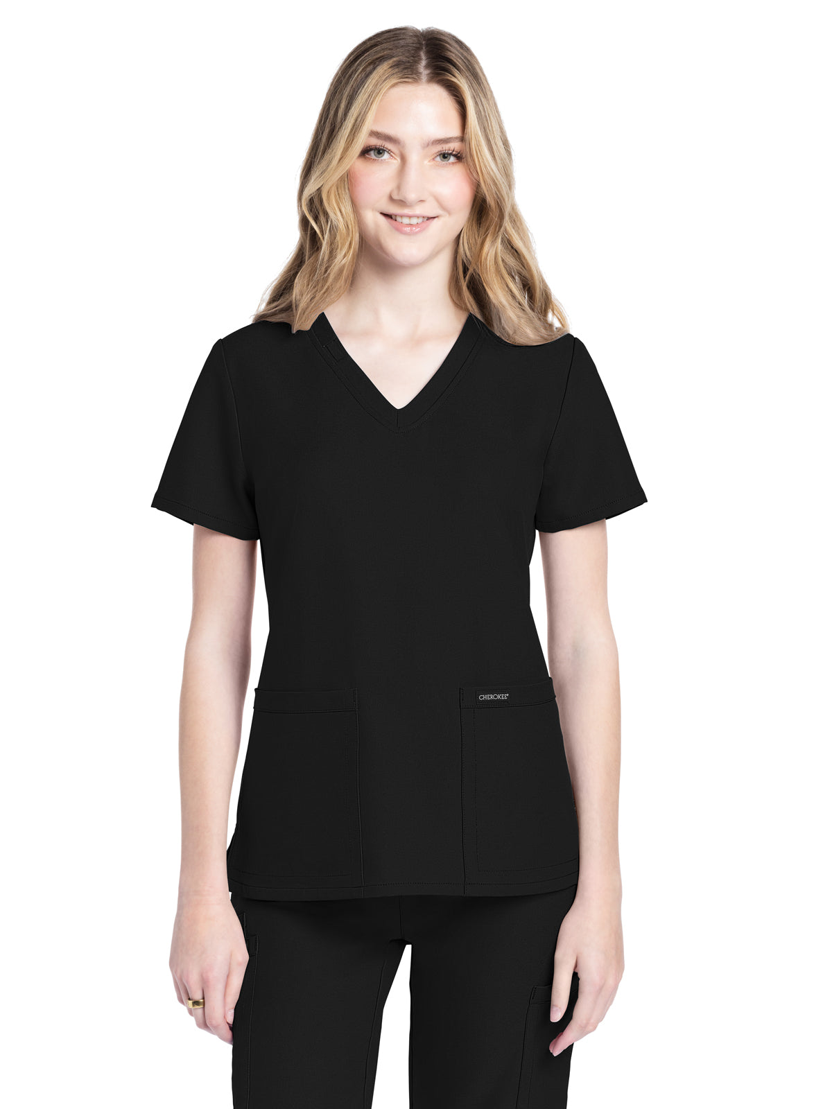 Women's 2-Pocket V-Neck Top - CK953A - Black